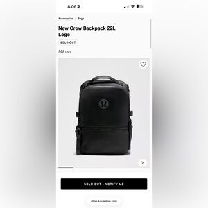 lululemon athletica Black New Crew Backpack